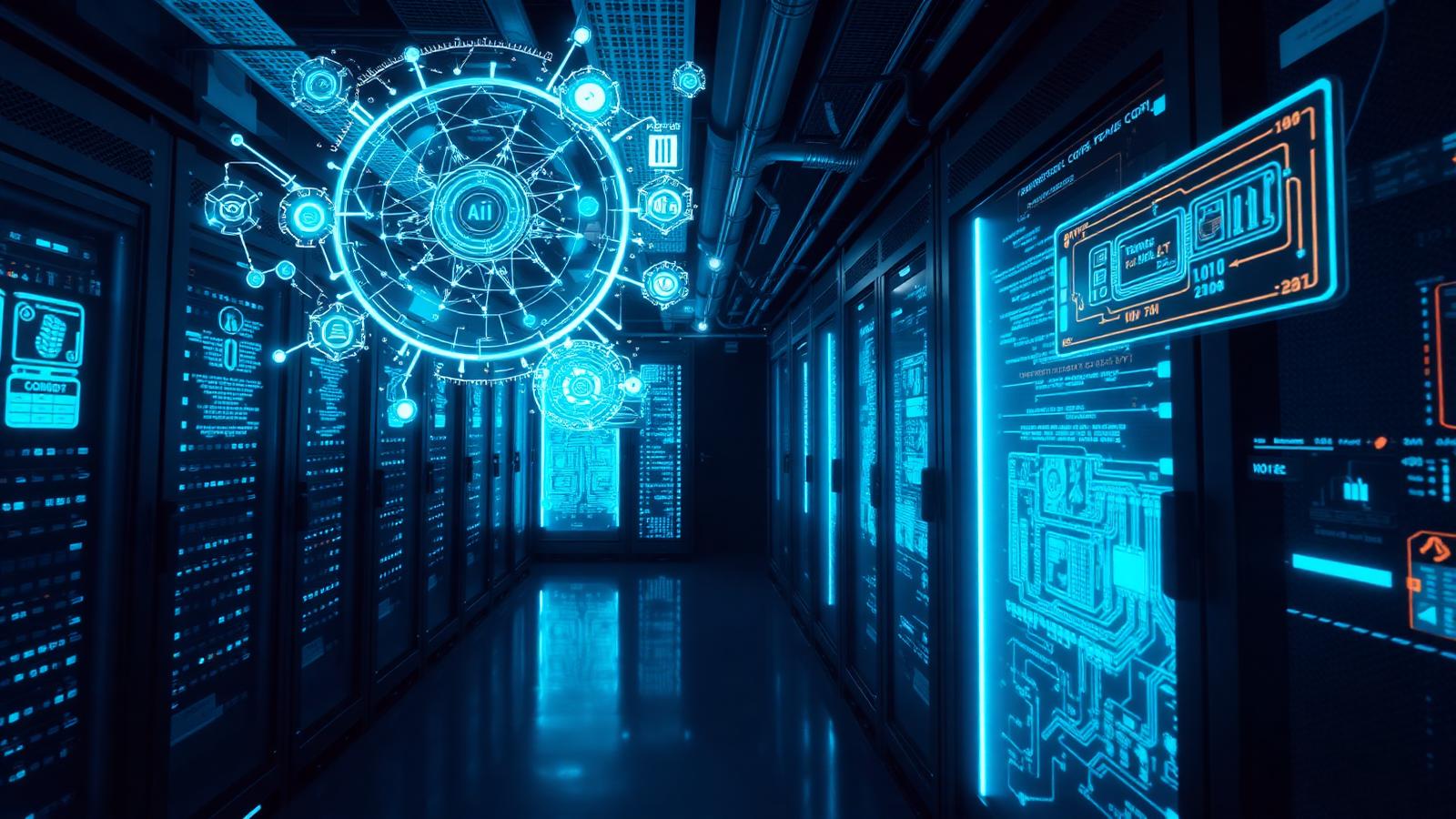 Futuristic AI data center with glowing blue systems