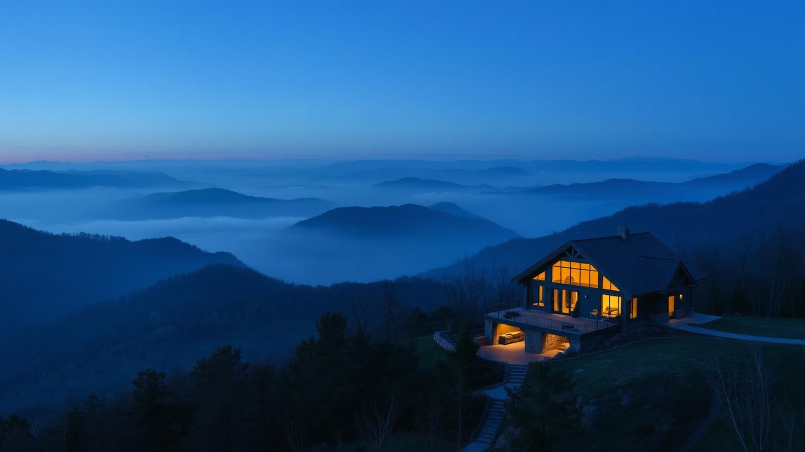 Modern Tennessee mountain home above misty ridges at blue hour
