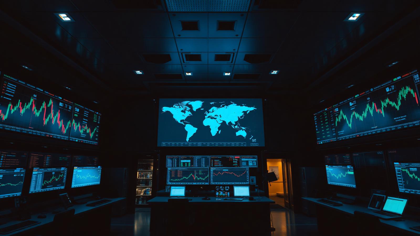 Institutional trading floor with global market dashboards